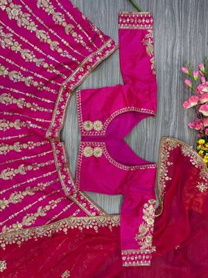 Rani Pink Wedding Lehenga with Embroidery, Heavy Flair & Unstitched Blouse  5