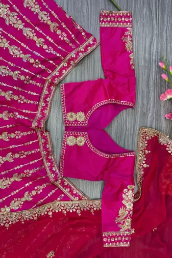 Rani Pink Wedding Lehenga with Embroidery, Heavy Flair & Unstitched Blouse 