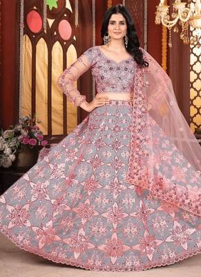 Grey And Peach Mulberry Silk Lehenga With Thread Sequins Embroidery Work 1