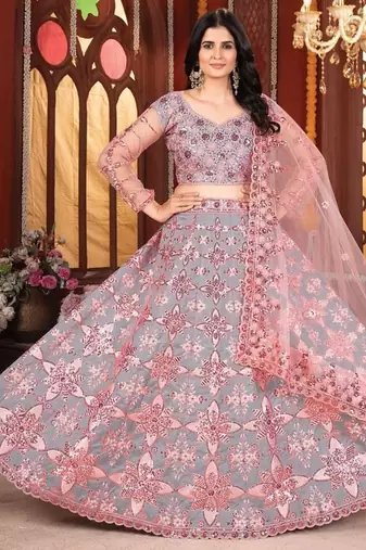 Grey And Peach Mulberry Silk Lehenga With Thread Sequins Embroidery Work