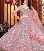 Grey And Peach Mulberry Silk Lehenga With Thread Sequins Embroidery Work