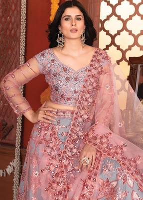 Grey And Peach Mulberry Silk Lehenga With Thread Sequins Embroidery Work 2
