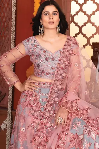 Grey And Peach Mulberry Silk Lehenga With Thread Sequins Embroidery Work