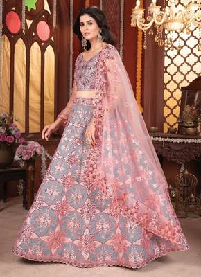 Grey And Peach Mulberry Silk Lehenga With Thread Sequins Embroidery Work 3