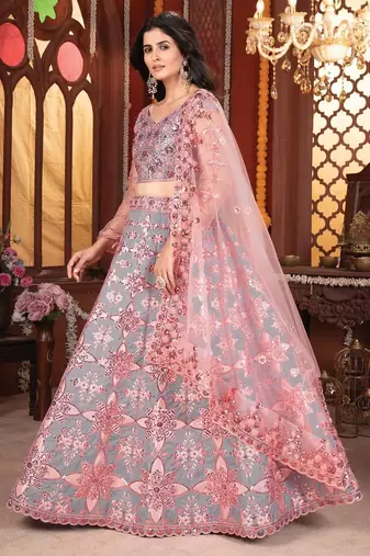 Grey And Peach Mulberry Silk Lehenga With Thread Sequins Embroidery Work