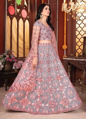 Grey And Peach Mulberry Silk Lehenga With Thread Sequins Embroidery Work 4