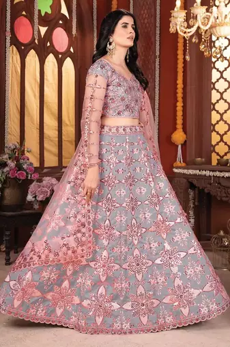 Grey And Peach Mulberry Silk Lehenga With Thread Sequins Embroidery Work