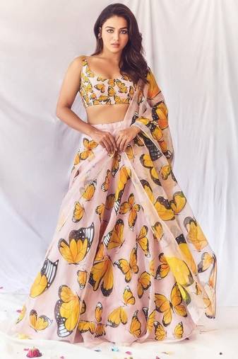 Pink Floral Print Silk Lehenga Set With Dupatta