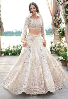 Cream Embroidererd Net Lehenga Set With Dupatta 1