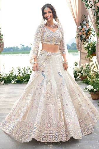 Cream Embroidererd Net Lehenga Set With Dupatta