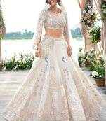 Cream Embroidererd Net Lehenga Set With Dupatta