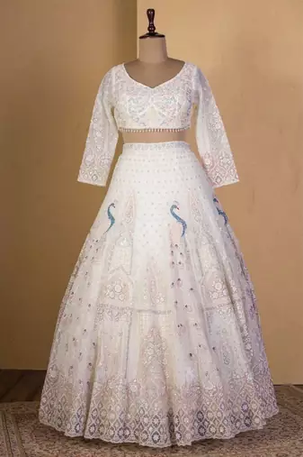 Cream Embroidererd Net Lehenga Set With Dupatta