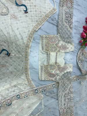 Cream Embroidererd Net Lehenga Set With Dupatta 4