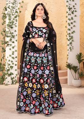 Black Embroidererd Georgette Lehenga Set With Dupatta 1