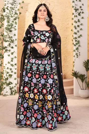 Black Embroidererd Georgette Lehenga Set With Dupatta