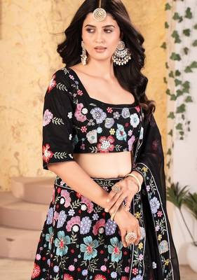 Black Embroidererd Georgette Lehenga Set With Dupatta 2