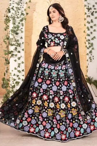 Black Embroidererd Georgette Lehenga Set With Dupatta