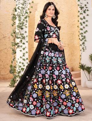 Black Embroidererd Georgette Lehenga Set With Dupatta 4