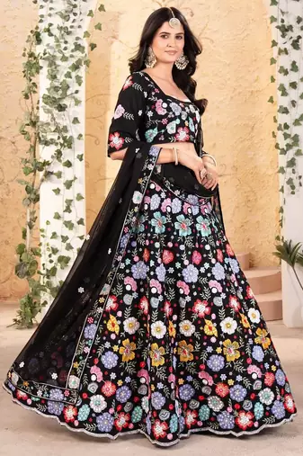 Black Embroidererd Georgette Lehenga Set With Dupatta