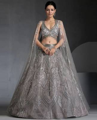 Women's Grey  Embroidered Georgette Lehenga Set With Dupatta 1