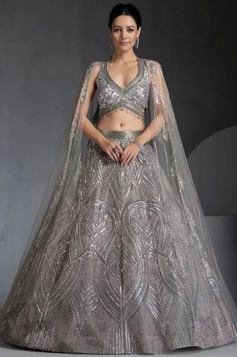 Women's Grey  Embroidered Georgette Lehenga Set With Dupatta