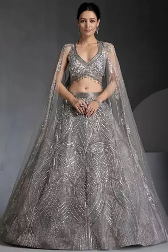 Women's Grey  Embroidered Georgette Lehenga Set With Dupatta