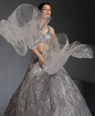 Women's Grey  Embroidered Georgette Lehenga Set With Dupatta 2