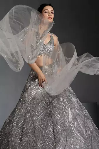 Women's Grey  Embroidered Georgette Lehenga Set With Dupatta