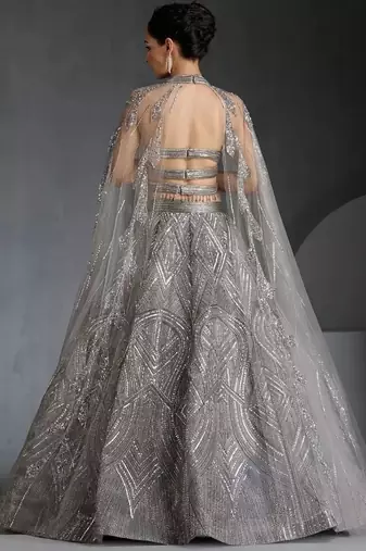 Women's Grey  Embroidered Georgette Lehenga Set With Dupatta