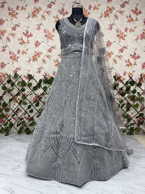 Women's Grey  Embroidered Georgette Lehenga Set With Dupatta 4