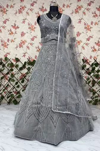 Women's Grey  Embroidered Georgette Lehenga Set With Dupatta