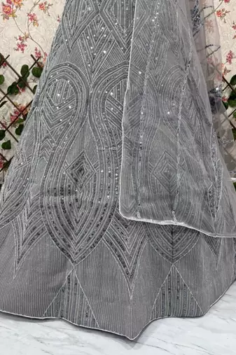 Women's Grey  Embroidered Georgette Lehenga Set With Dupatta