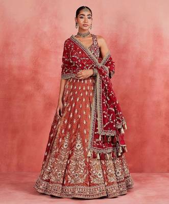 Red Embroidererd Silk Lehenga Set With Dupatta 1
