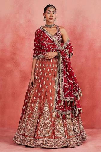 Red Embroidererd Silk Lehenga Set With Dupatta