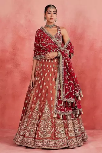 Red Embroidererd Silk Lehenga Set With Dupatta