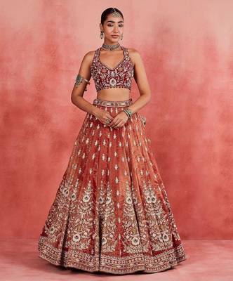 Red Embroidererd Silk Lehenga Set With Dupatta 2