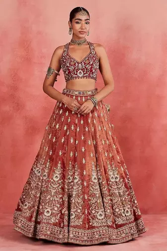 Red Embroidererd Silk Lehenga Set With Dupatta