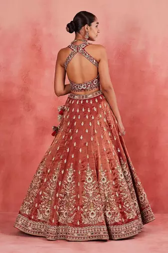 Red Embroidererd Silk Lehenga Set With Dupatta