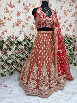 Red Embroidererd Silk Lehenga Set With Dupatta 4