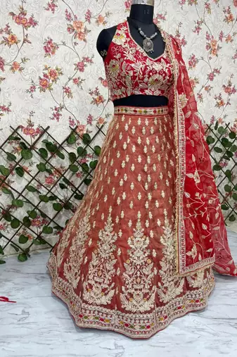 Red Embroidererd Silk Lehenga Set With Dupatta