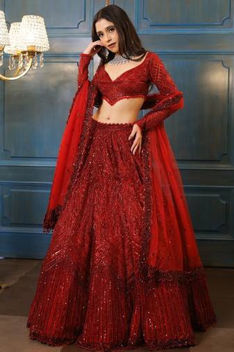 Red Embroidererd Georgette Lehenga Set With Dupatta