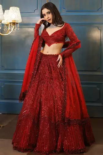 Red Embroidererd Georgette Lehenga Set With Dupatta