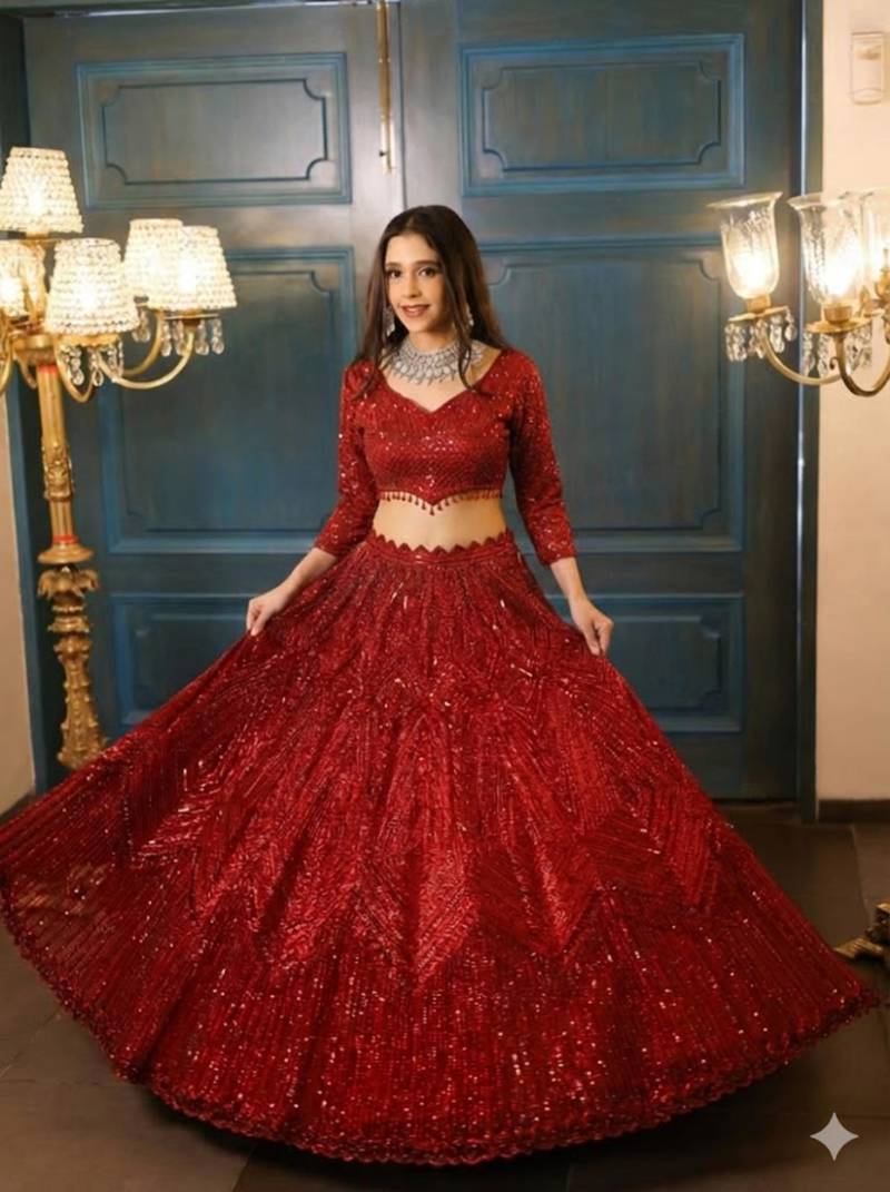 Red Embroidererd Georgette Lehenga Set With Dupatta