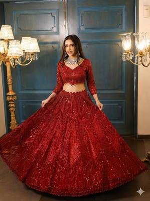 Red Embroidererd Georgette Lehenga Set With Dupatta 1