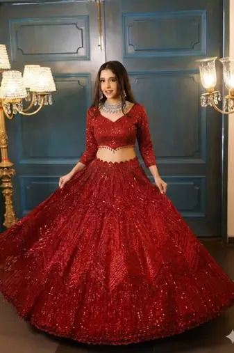 Red Embroidererd Georgette Lehenga Set With Dupatta