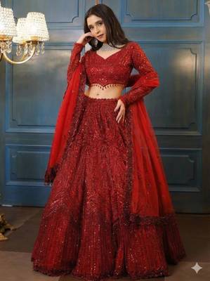 Red Embroidererd Georgette Lehenga Set With Dupatta 2