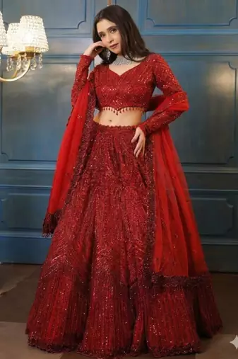 Red Embroidererd Georgette Lehenga Set With Dupatta