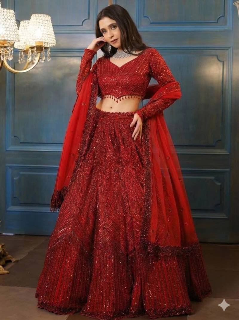 Red Embroidererd Georgette Lehenga Set With Dupatta