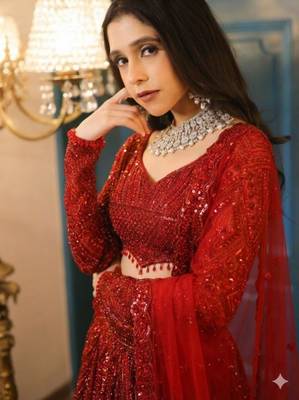 Red Embroidererd Georgette Lehenga Set With Dupatta 3