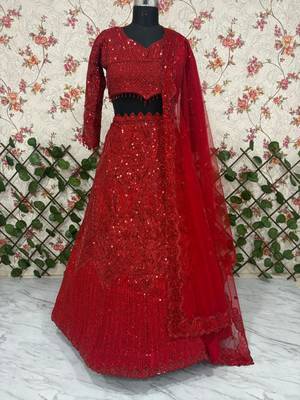 Red Embroidererd Georgette Lehenga Set With Dupatta 4